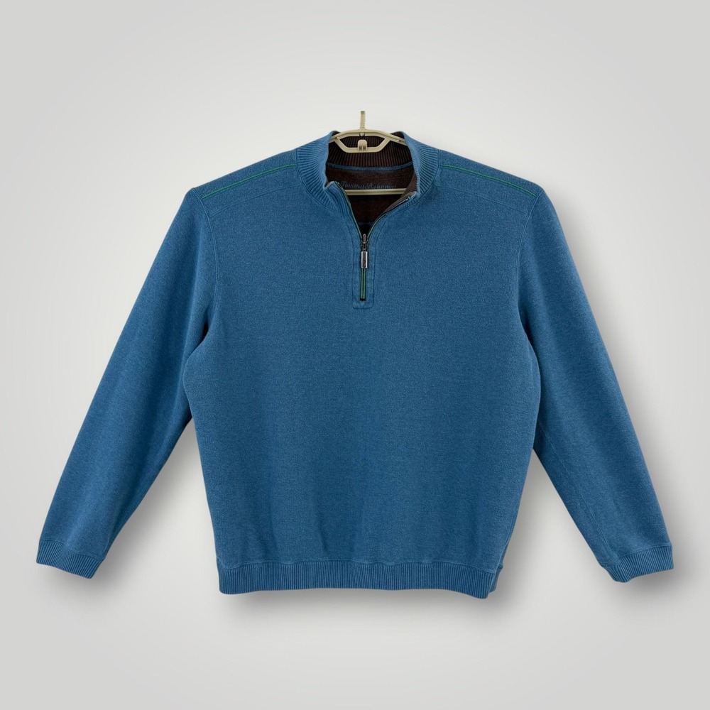 Tommy Bahama Sweater Mens 2XL‎ Blue Reversible 1/4 Zip Mock Neck Pullover